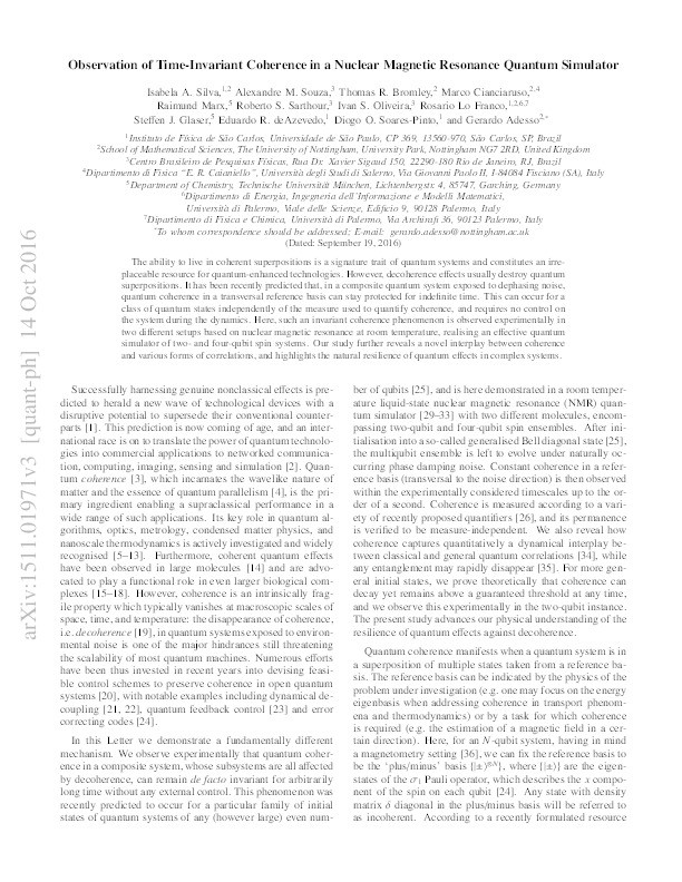 Observation of time-invariant coherence in a nuclear magnetic resonance quantum simulator Thumbnail