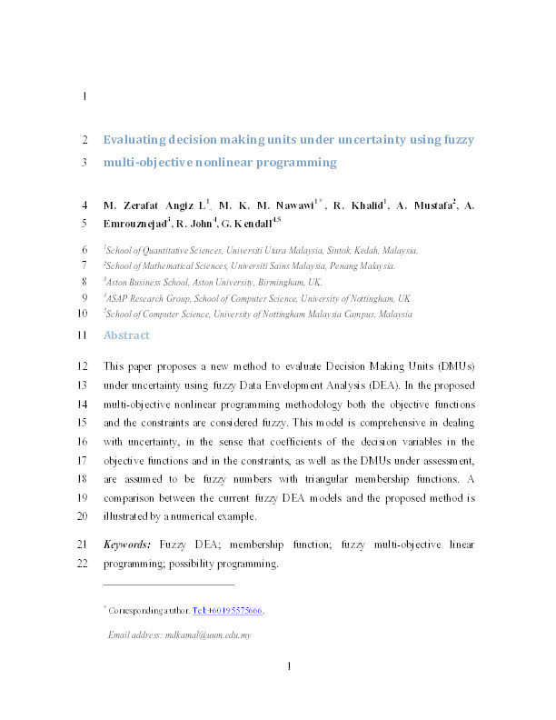 Evaluating decision making units under uncertainty using fuzzy multi-objective nonlinear programming Thumbnail