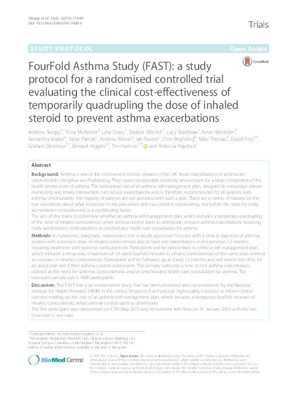 FourFold Asthma Study (FAST): a study protocol for a randomised controlled trial evaluating the clinical cost-effectiveness of temporarily quadrupling the dose of inhaled steroid to prevent asthma exacerbations Thumbnail