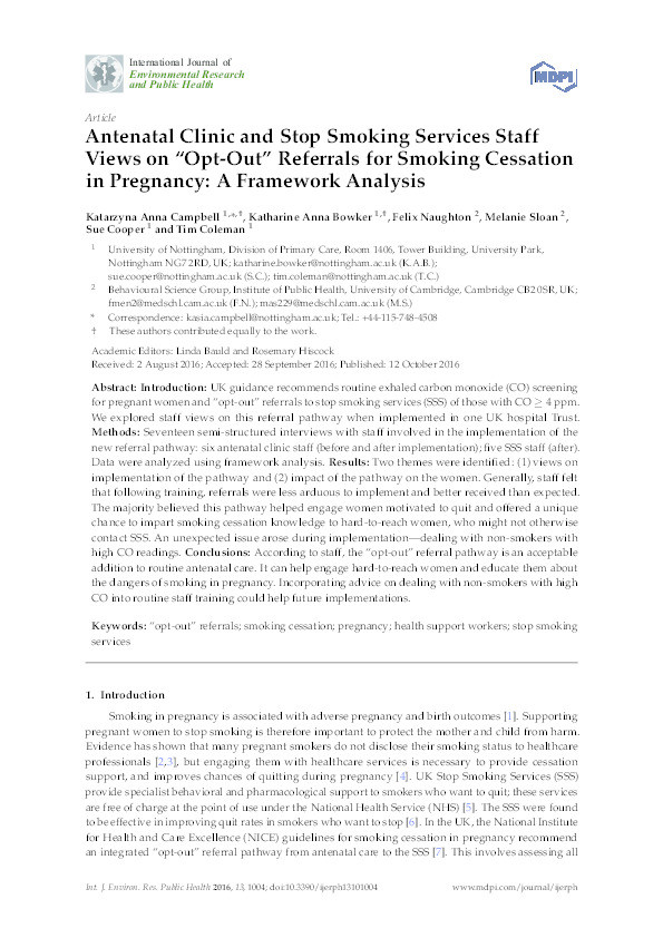 Antenatal clinic and Stop Smoking Services staff views on "Opt-Out" referrals for smoking cessation in pregnancy: a framework analysis Thumbnail