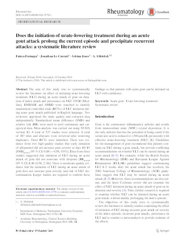 Does the initiation of urate-lowering treatment during an acute gout attack prolong the current episode and precipitate recurrent attacks: a systematic literature review Thumbnail