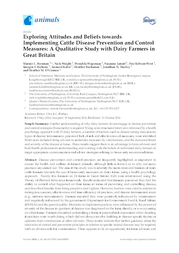 Exploring attitudes and beliefs towards implementing cattle disease prevention and control measures: a qualitative study with dairy farmers in Great Britain Thumbnail