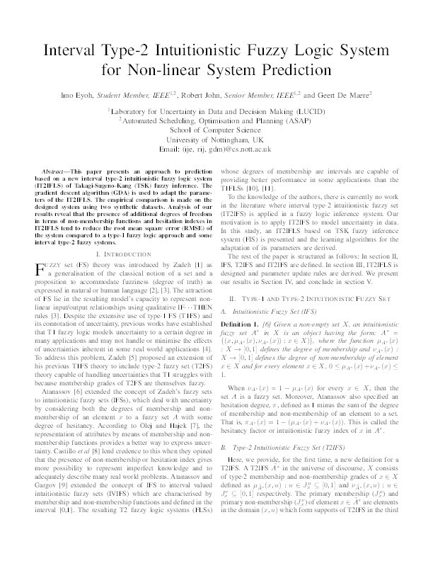 Interval type-2 intuitionistic fuzzy logic system for non-linear system prediction Thumbnail