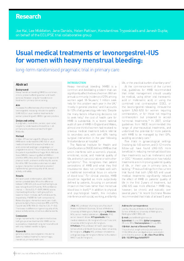 Usual medical treatments or levonorgestrel-IUS for women with heavy menstrual bleeding: long-term ranomised pragmatic trial in primary care Thumbnail
