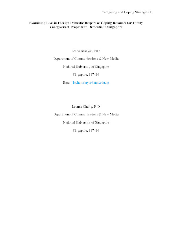 Examining live-in foreign domestic helpers as a coping resource for family caregivers of people with dementia in Singapore Thumbnail