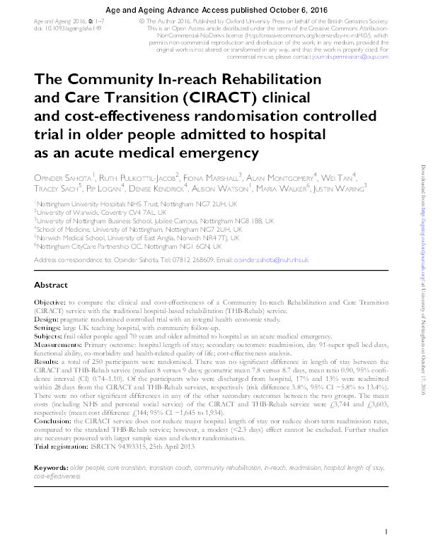 The Community In-reach Rehabilitation and Care Transition (CIRACT) clinical and cost-effectiveness randomisation controlled trial in older people admitted to hospital as an acute medical emergency Thumbnail