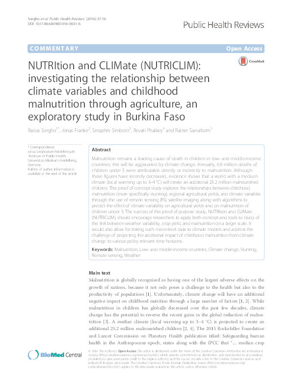 NUTRItion and CLIMate (NUTRICLIM): investigating the relationship between climate variables and childhood malnutrition through agriculture, an exploratory study in Burkina Faso Thumbnail