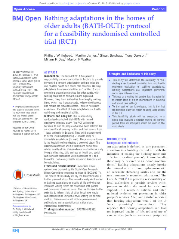 Bathing adaptations in the homes of older adults (BATH-OUT): protocol for a feasibility randomised controlled trial (RCT) Thumbnail