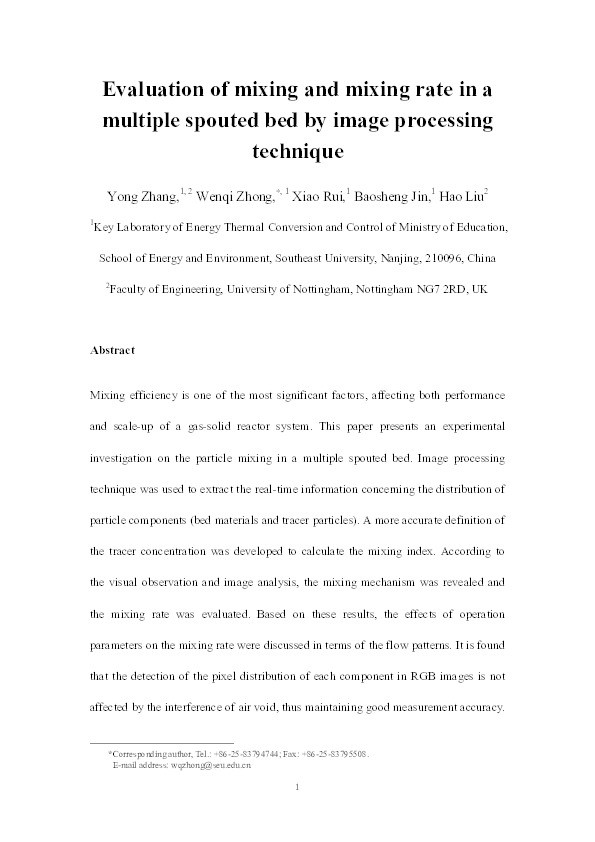 Evaluation of mixing and mixing rate in a multiple spouted bed by image processing technique Thumbnail