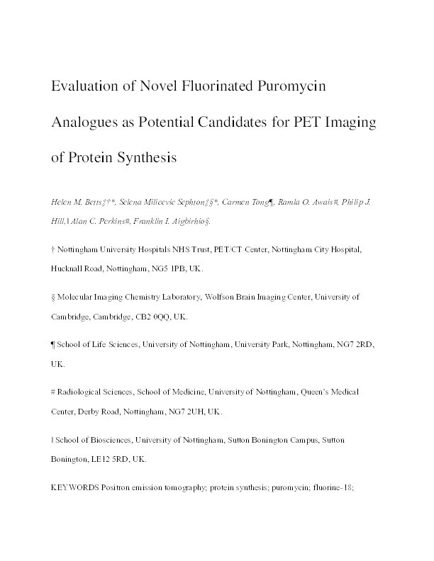 Synthesis, in vitro evaluation, and radiolabeling of fluorinated puromycin analogues: potential candidates for PET imaging of protein synthesis Thumbnail