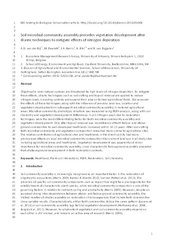 Soil microbial community assembly precedes vegetation development after drastic techniques to mitigate effects of nitrogen deposition Thumbnail