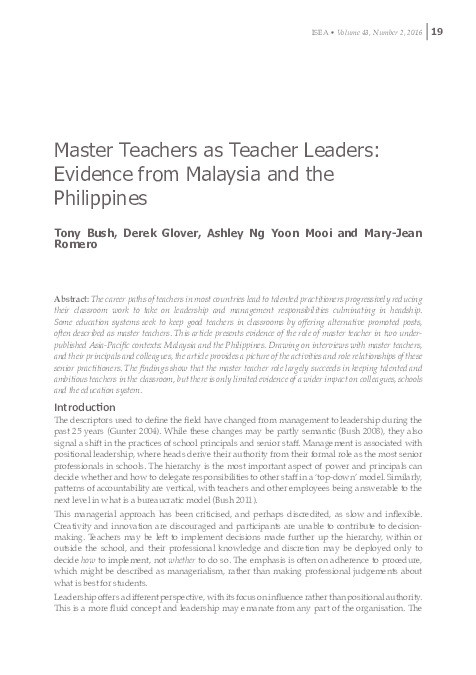 Master teachers as teacher leaders: evidence from Malaysia and the Philippines Thumbnail