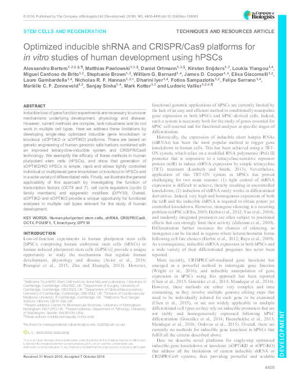 Optimized inducible shRNA and CRISPR/Cas9 platforms for in vitro studies of human development using hPSCs Thumbnail