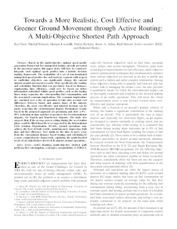 Towards a more realistic, cost effective and greener ground movement through active routing: a multi-objective shortest path approach Thumbnail