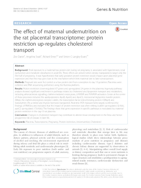 The effect of maternal undernutrition on the rat placental transcriptome: protein restriction up-regulates cholesterol transport Thumbnail
