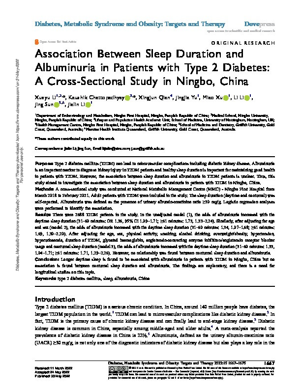 Association Between Sleep Duration and Albuminuria in Patients with Type 2 Diabetes: A Cross-Sectional Study in Ningbo, China Thumbnail