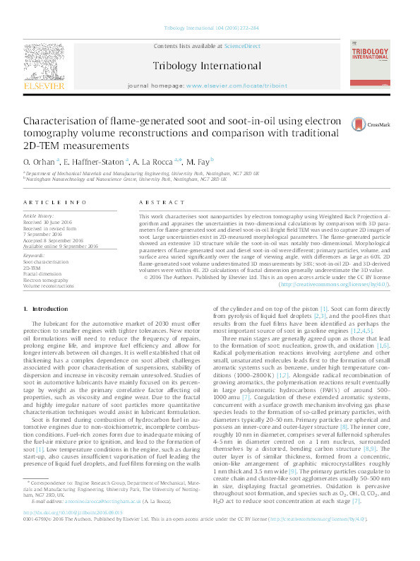 Characterisation of flame-generated soot and soot-in-oil using electron tomography volume reconstructions and comparison with traditional 2D-TEM measurements Thumbnail