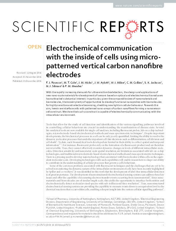 Electrochemical communication with the inside of cells using micro-patterned vertical carbon nanofibre electrodes Thumbnail