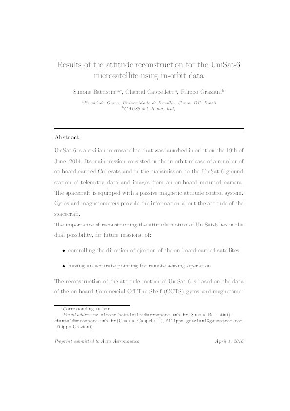 Results of the attitude reconstruction for the UniSat-6 microsatellite using in-orbit data Thumbnail