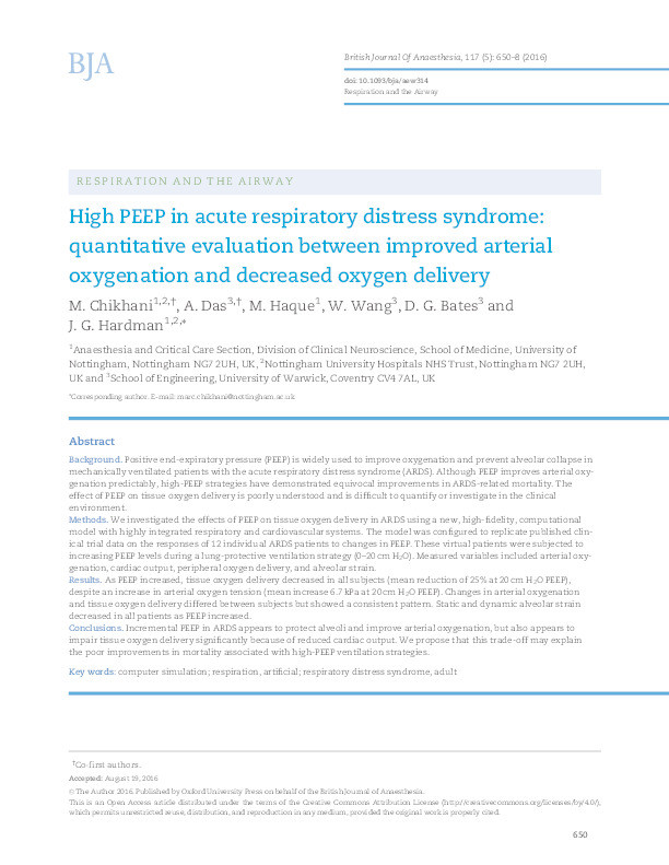 High PEEP in acute respiratory distress syndrome: quantitative evaluation between improved arterial oxygenation and decreased oxygen delivery Thumbnail