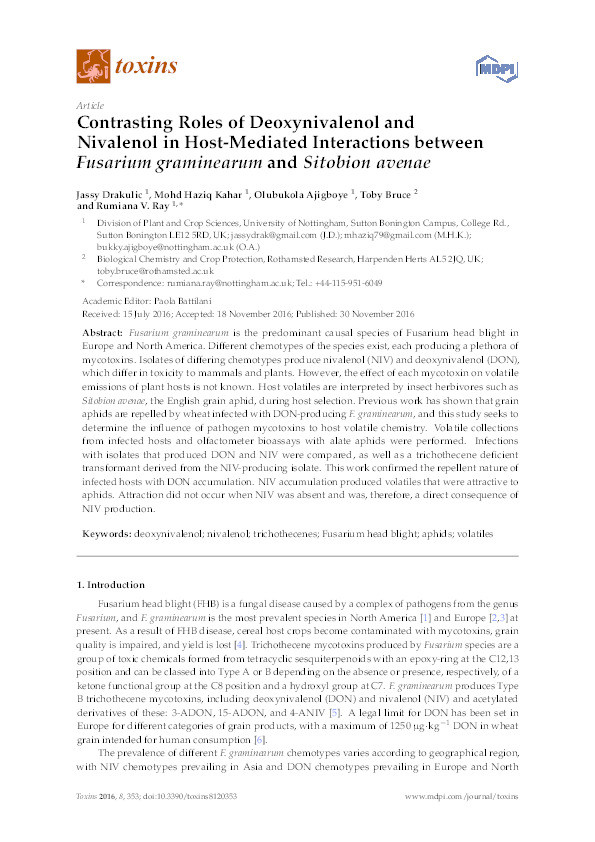 Contrasting roles of deoxynivalenol and nivalenol in host-mediated interactions between Fusarium graminearum and Sitobion avenae Thumbnail