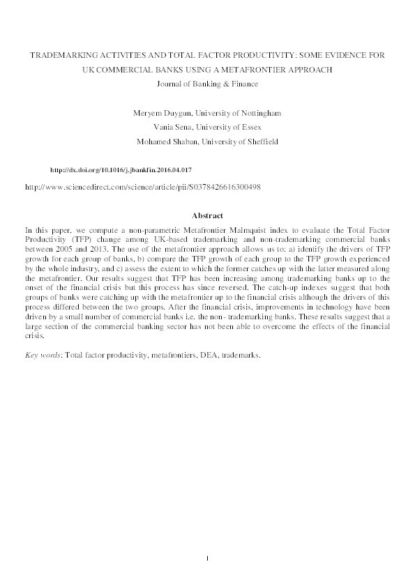 Trademarking activities and total factor productivity: some evidence for British commercial banks using a metafrontier approach Thumbnail