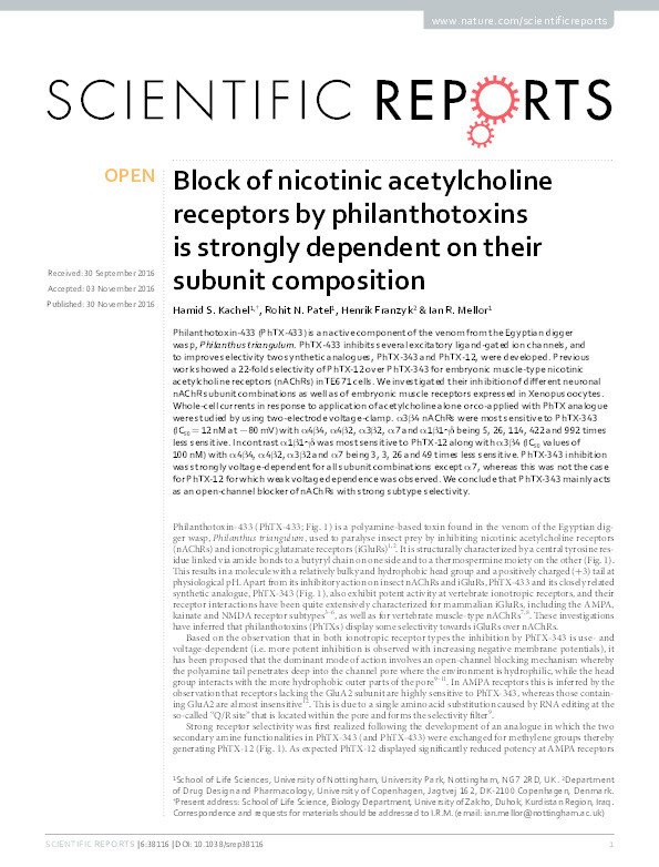 Block of nicotinic acetylcholine receptors by philanthotoxins is strongly dependent on their subunit composition Thumbnail