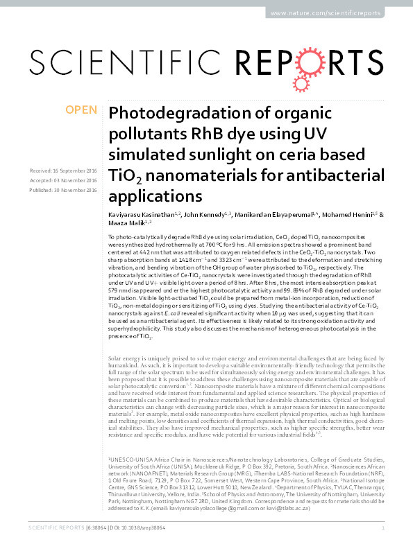 Photodegradation of organic pollutants RhB dye using UV simulated sunlight on ceria based TiO2 nanomaterials for antibacterial applications Thumbnail