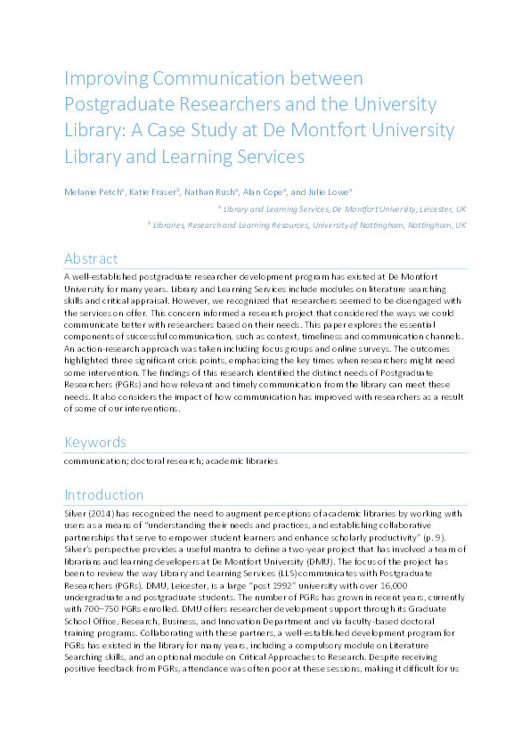 Improving communication between postgraduate researchers and the university library: a case study at De Montfort University Library and Learning Services Thumbnail
