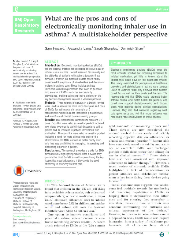 What are the pros and cons of electronically monitoring inhaler use in asthma? A multistakeholder perspective Thumbnail