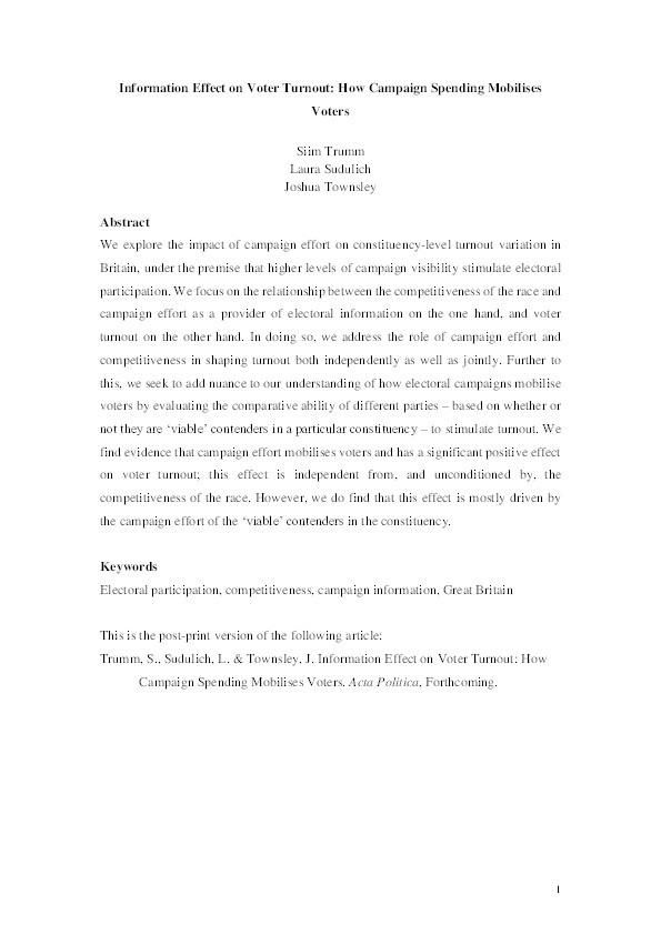 Information effect on voter turnout: how campaign spending mobilises voters Thumbnail