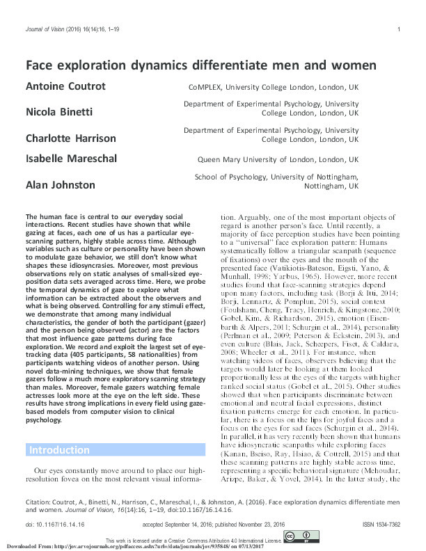 Face exploration dynamics differentiate men and women Thumbnail