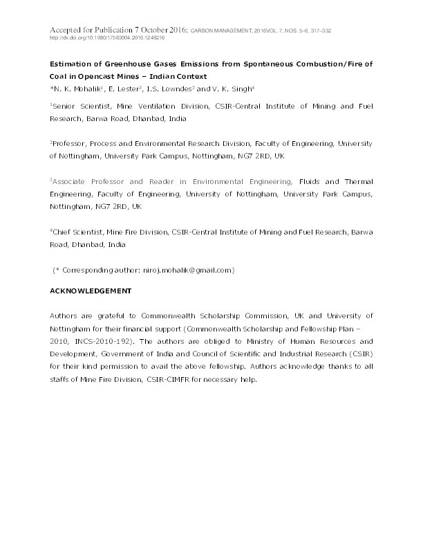 Estimation of greenhouse gas emissions from spontaneous combustion/fire of coal in opencast mines – Indian context Thumbnail