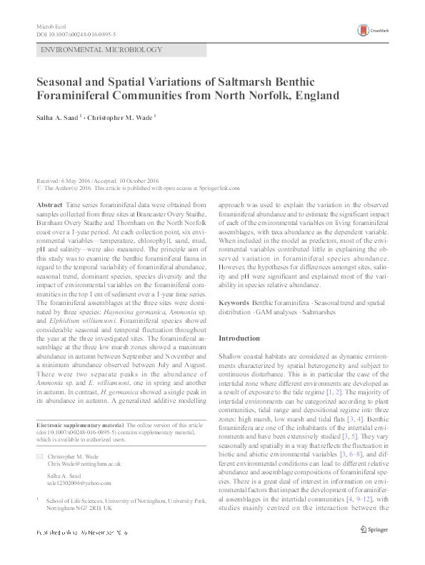 Seasonal and Spatial Variations of Saltmarsh Benthic Foraminiferal Communities from North Norfolk, England Thumbnail