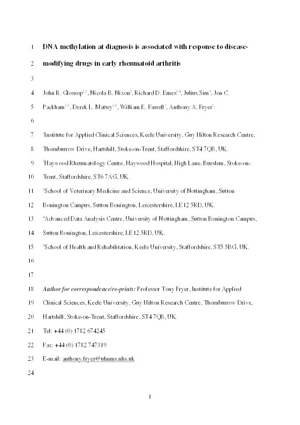DNA methylation at diagnosis is associated with response to disease-modifying drugs in early rheumatoid arthritis Thumbnail