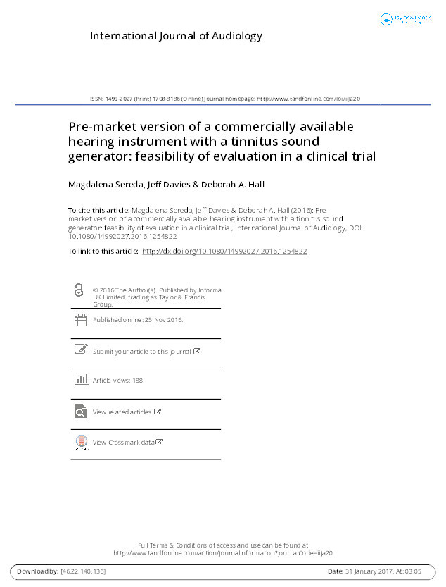 Pre-market version of a commercially available hearing instrument with a tinnitus sound generator: feasibility of evaluation in a clinical trial. Thumbnail