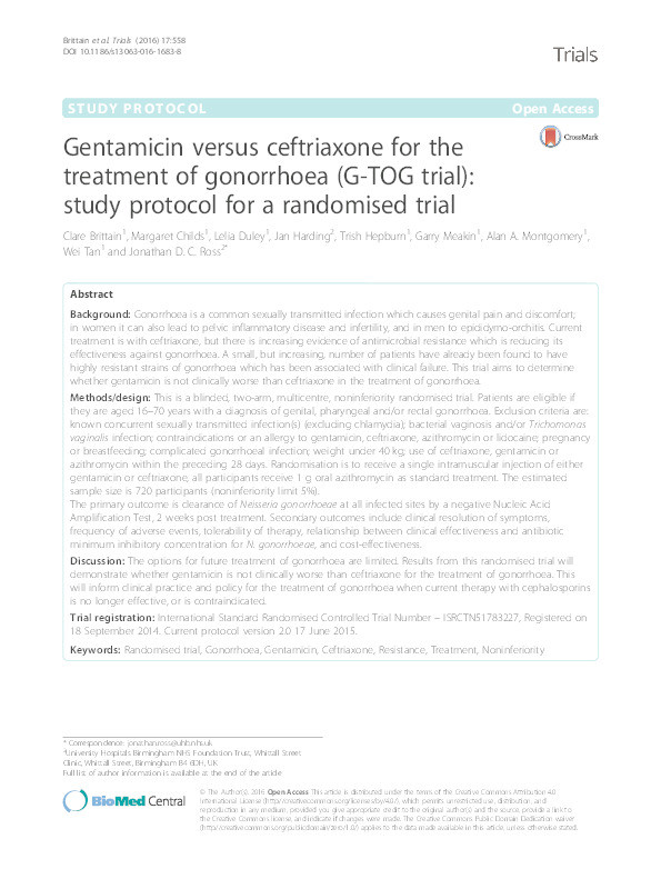 Gentamicin versus ceftriaxone for the treatment of gonorrhoea (G-TOG trial): study protocol for a randomised trial Thumbnail