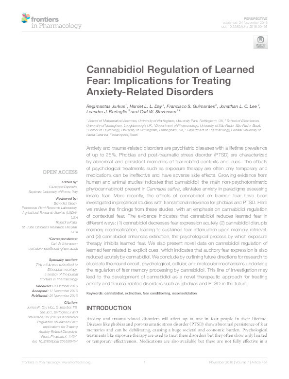 Cannabidiol regulation of learned fear: implications for treating anxiety-related disorders Thumbnail