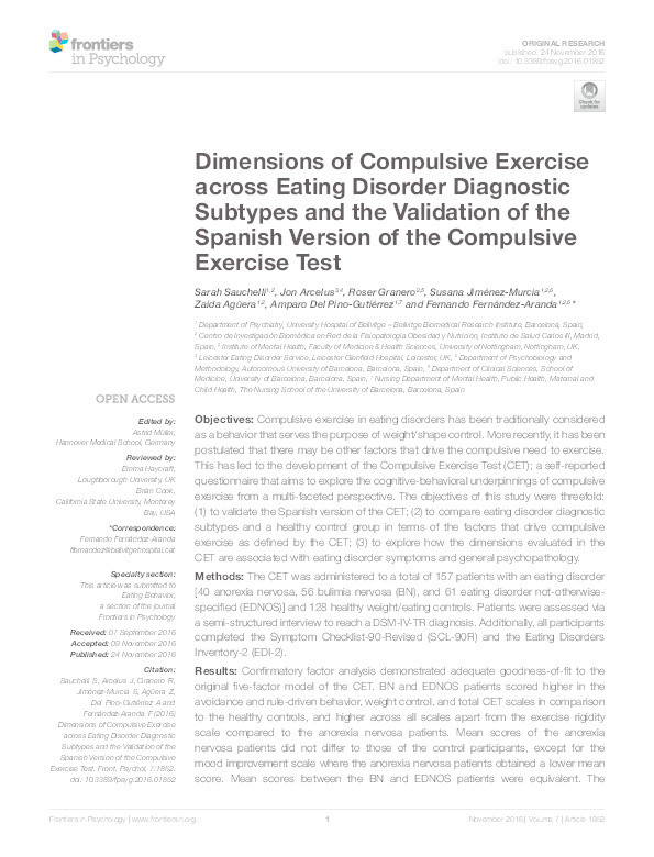 Dimensions of compulsive exercise across eating disorder diagnostic subtypes and the validation of the Spanish version of the compulsive exercise test Thumbnail
