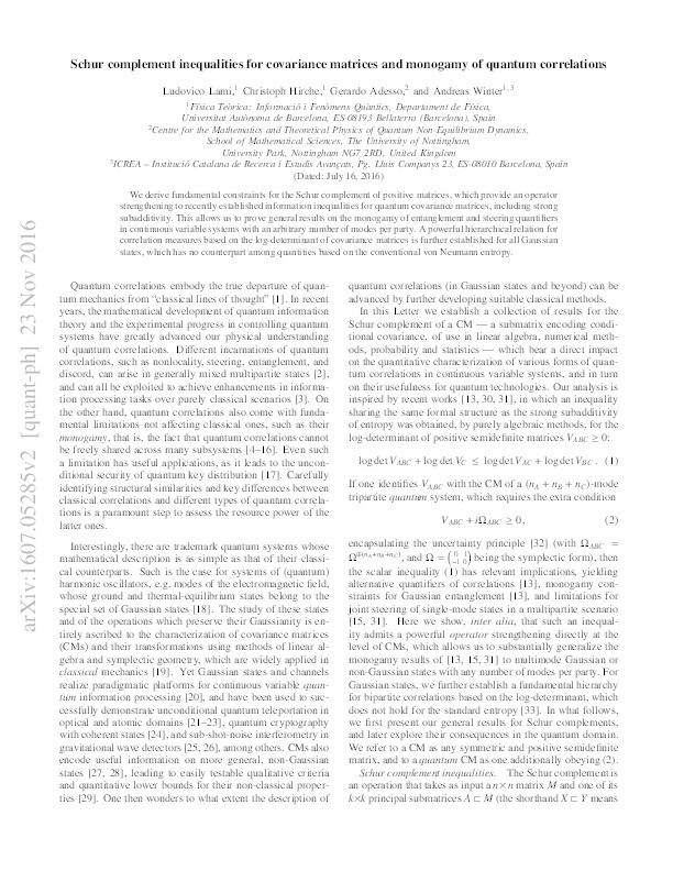 Schur complement inequalities for covariance matrices and monogamy of quantum correlations Thumbnail