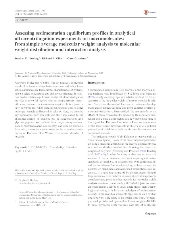 Assessing sedimentation equilibrium profiles in analytical ultracentrifugation experiments on macromolecules: from simple average molecular weight analysis to molecular weight distribution and interaction analysis Thumbnail