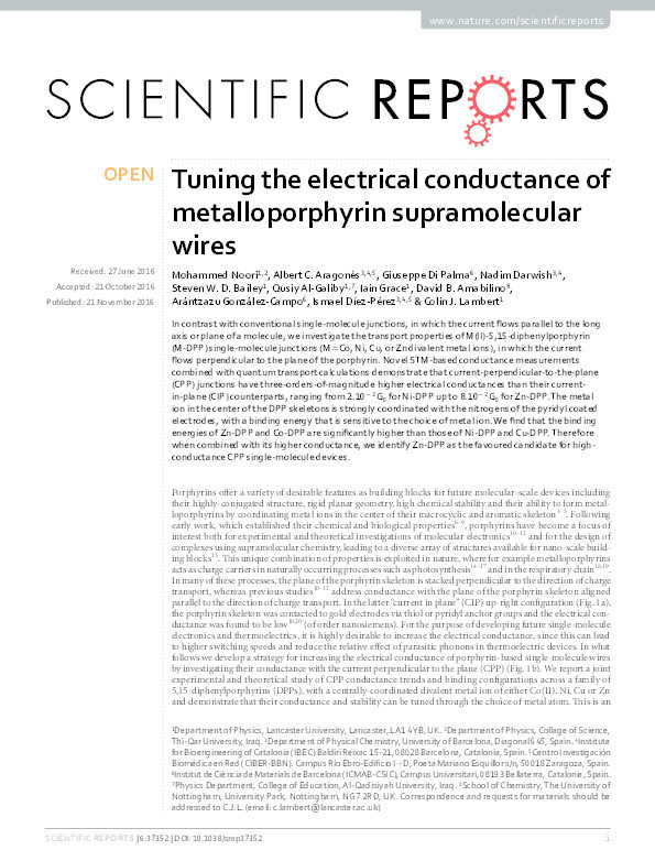 Tuning the electrical conductance of metalloporphyrin supramolecular wires Thumbnail