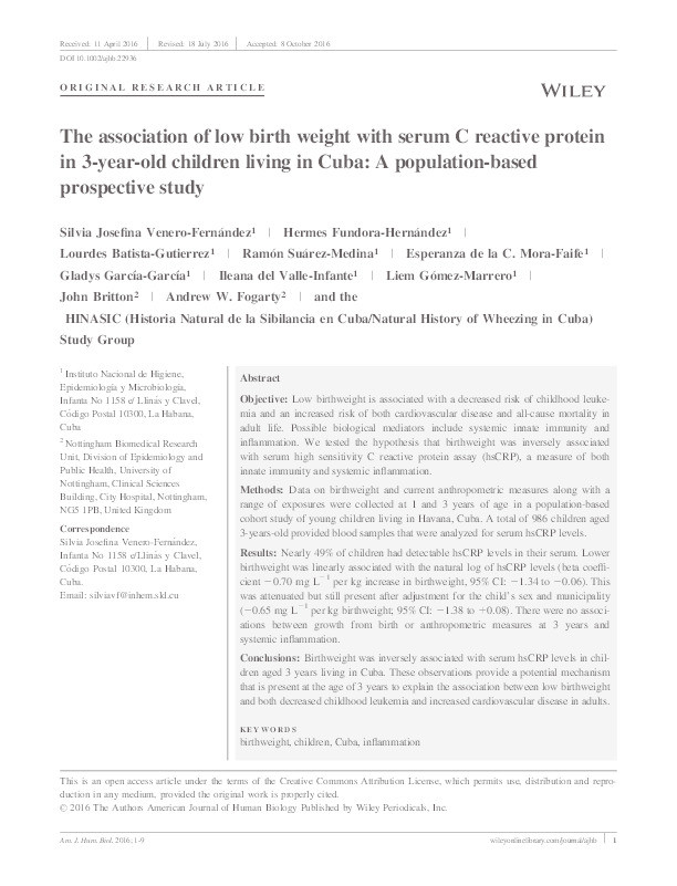 The association of low birth weight with serum C reactive protein in three year old children living in Cuba: a population-based prospective study Thumbnail