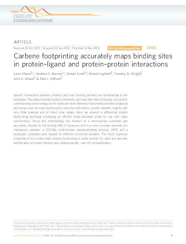 Carbene footprinting accurately maps binding sites in protein–ligand and protein–protein interactions Thumbnail