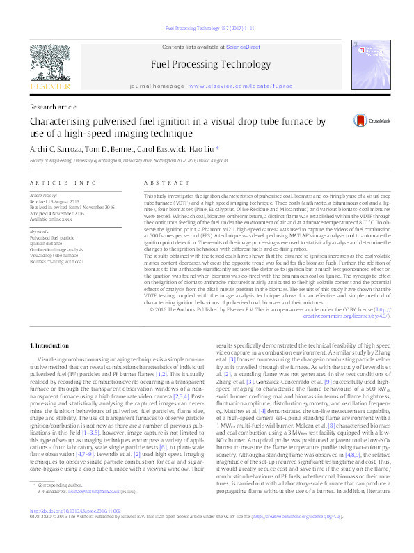 Characterising pulverised fuel ignition in a visual drop tube furnace by use of a high-speed imaging technique Thumbnail