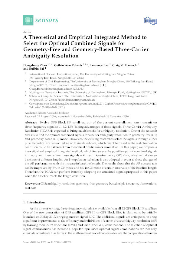 A theoretical and empirical integrated method to select the optimal combined signals for geometry-free and geometry-based three-carrier ambiguity resolution Thumbnail