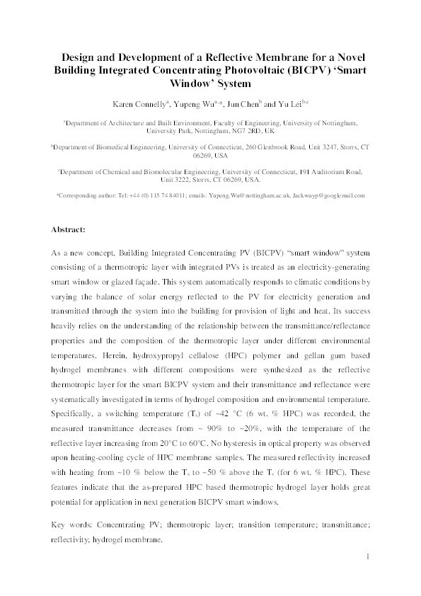 Design and development of a reflective membrane for a novel Building Integrated Concentrating Photovoltaic (BICPV) ‘Smart Window’ system Thumbnail