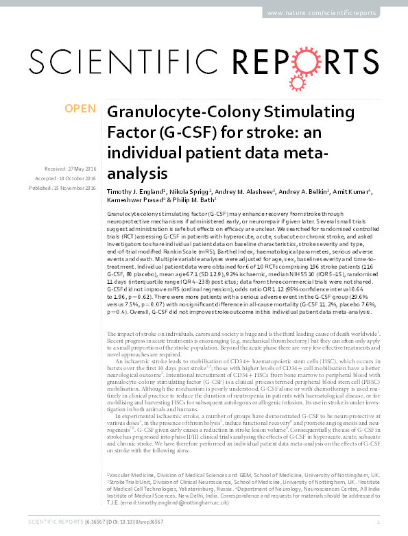 Granulocyte-colony stimulating factor (G-CSF) for stroke: an individual patient data meta-analysis Thumbnail