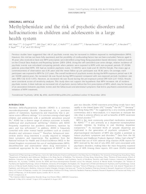 Methylphenidate and the risk of psychotic disorders and hallucinations in children and adolescents in a large health system Thumbnail