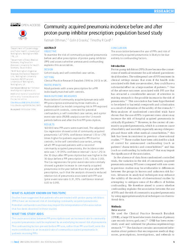 Community acquired pneumonia incidence before and after proton pump inhibitor prescription: population based study Thumbnail